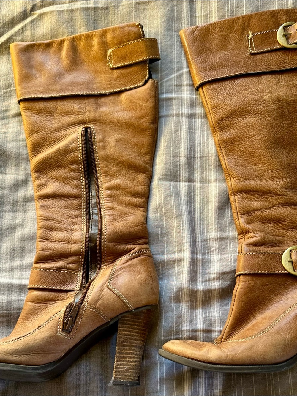 Nine West Cognac Brown Leather Mid-Calf Heeled Boots